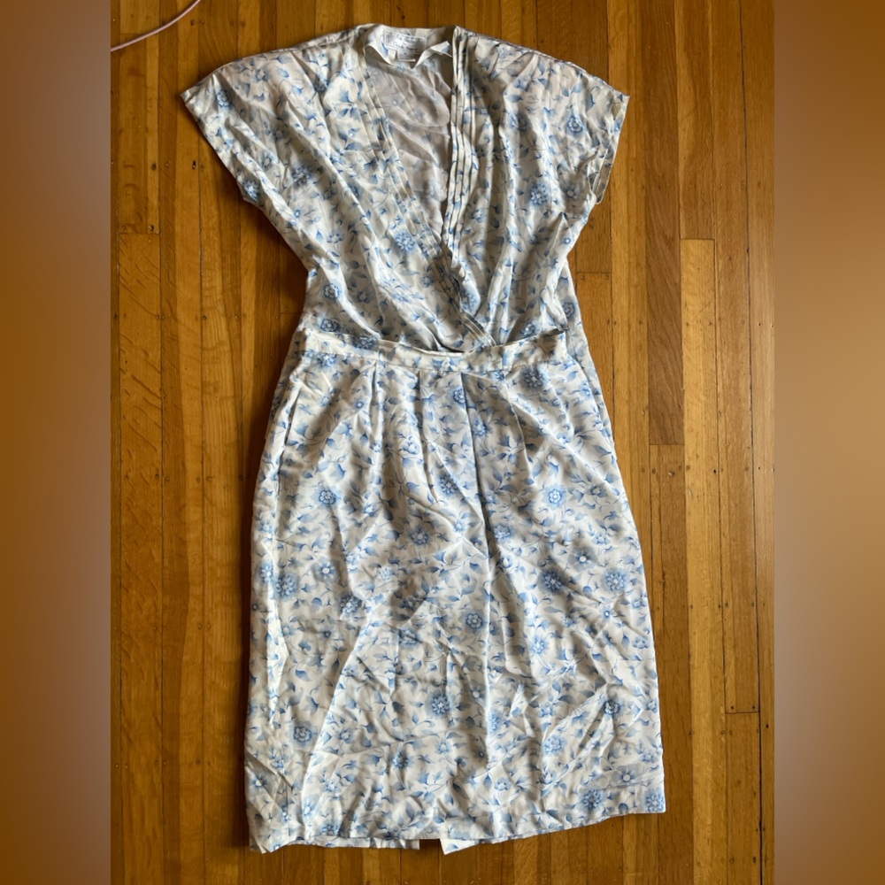 Silk Studio by Claude Bennett Vintage blue floral skirt vneck Blouse dress 8 14